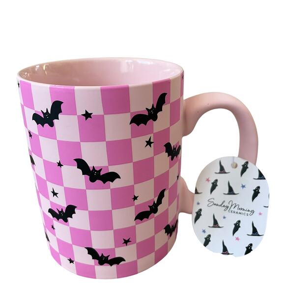 HALLOWEEN SOFT TOUCH COFFEE MUG HOT PINK CHECKERED BATS - BATTY & BEWITCHING NEW - Picture 12 of 12
